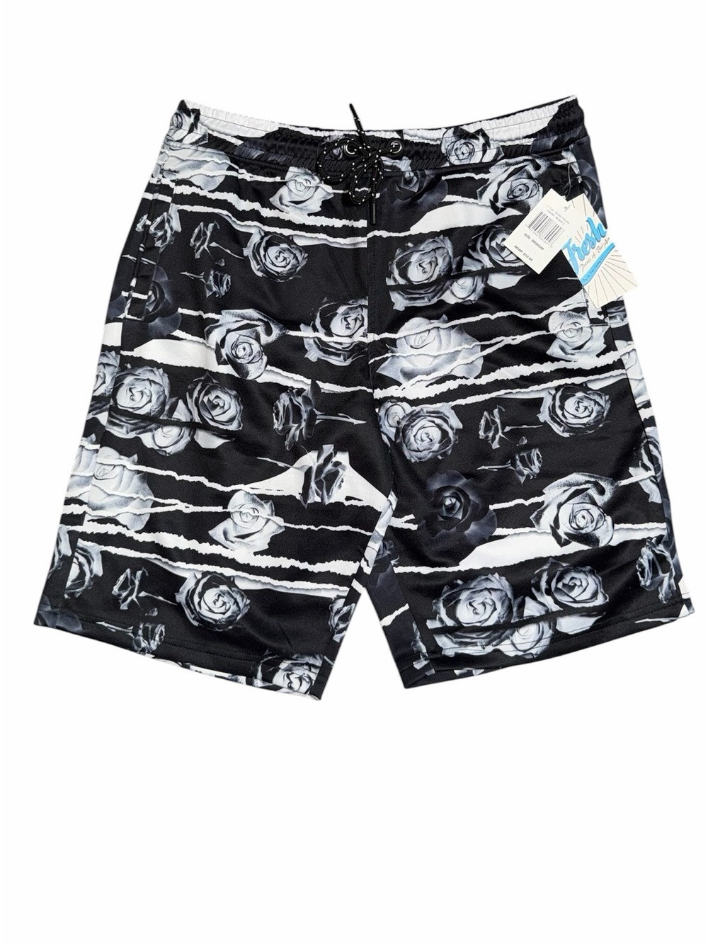 NWT fresh Black White Rose Stripe Swim Board Shorts